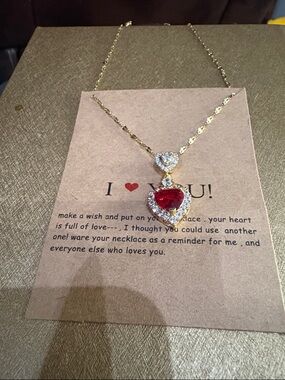 Gold Heart Pendant Necklace with Red Crystal Center